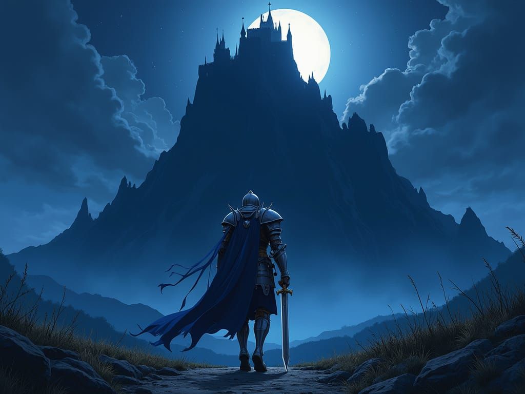 Knight Walks Toward Gloomy Castle in Dark Fantasy Style