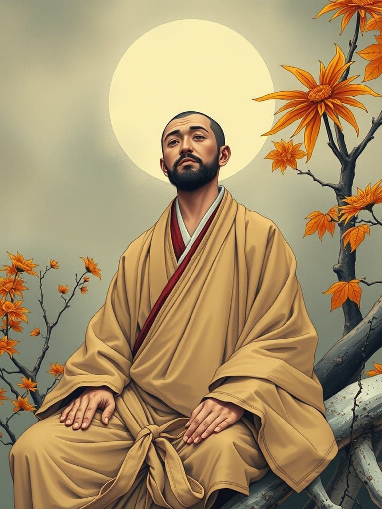 Zen Monk's Enlightenment in Japanese Art Style