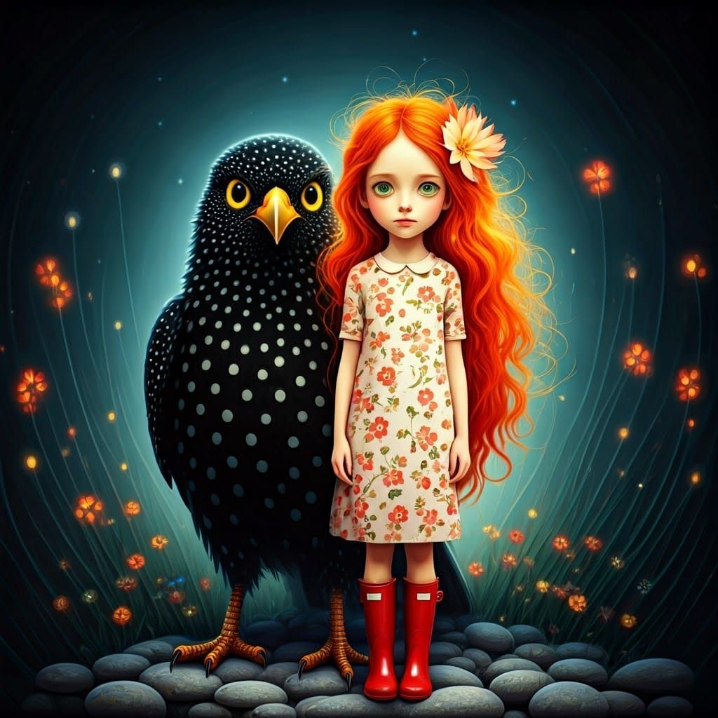 Whimsical Fantasy Scene with Polka Dot Bird and Floral Dress