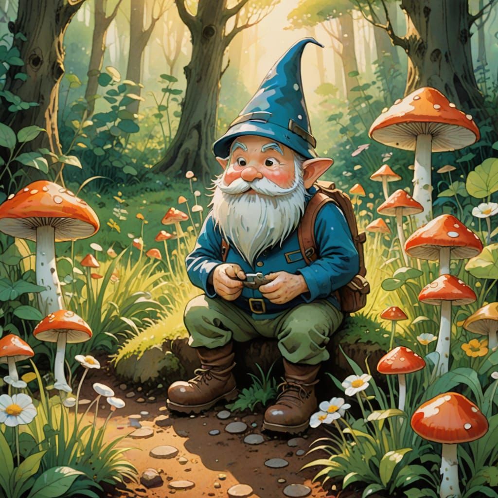 Dave the Gnome's Whimsical Garden in Watercolor Style