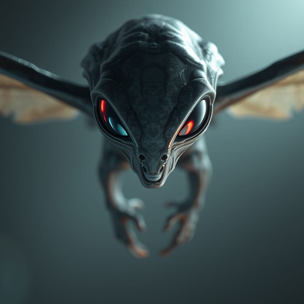 Majestic Flying Alien with Iridescent Eyes in 8k