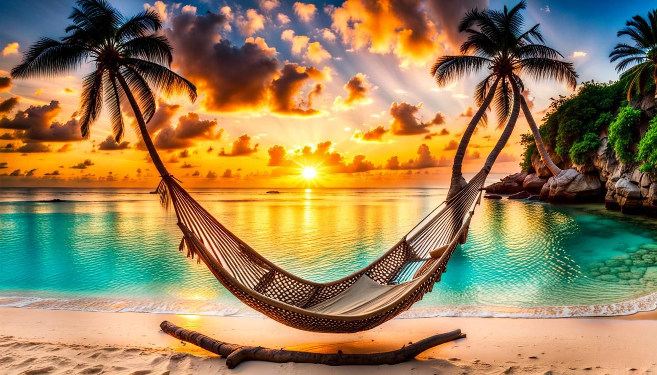 Tropical Island Sunset with Exotic Flowers