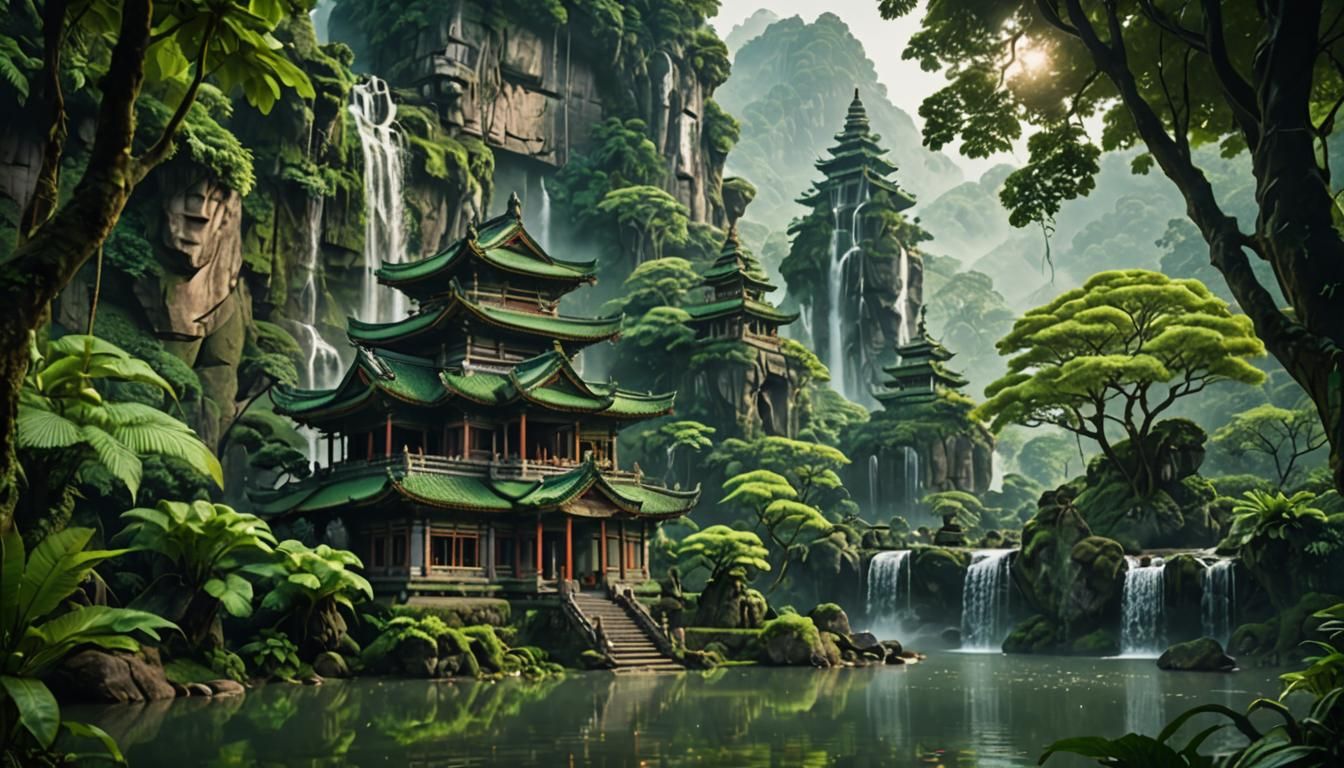Serene Mountain Temple in Lush Landscape