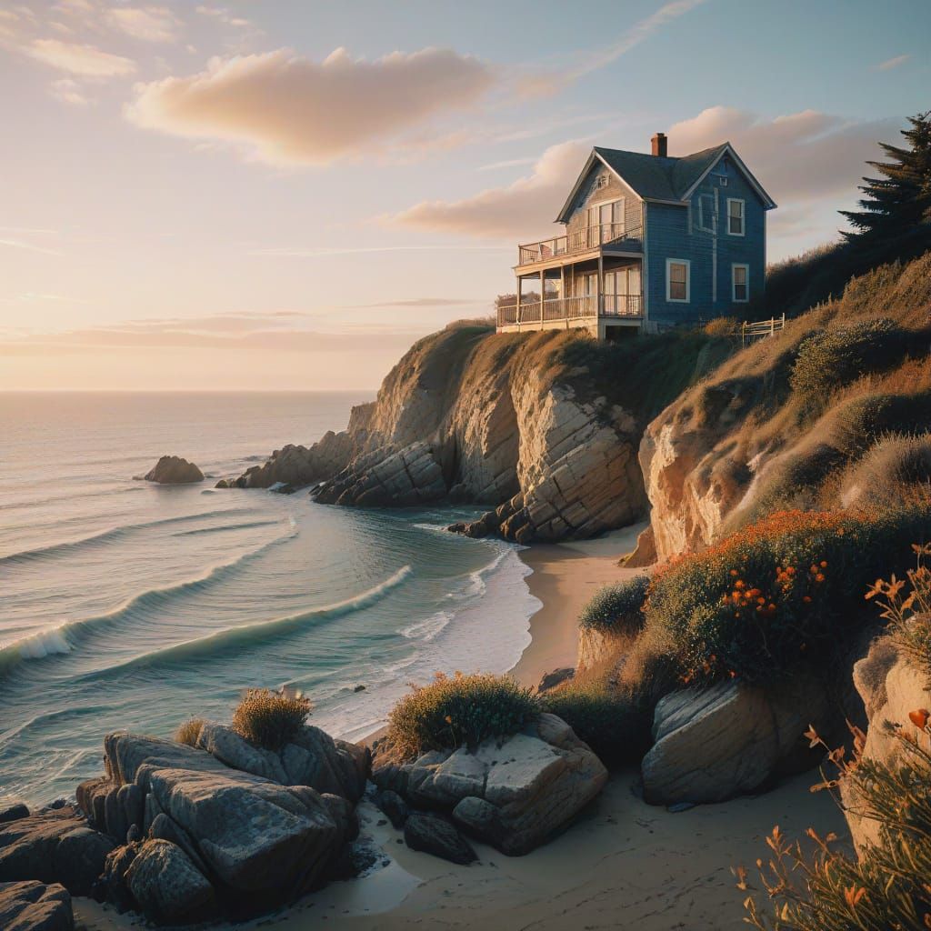 Serene Coastal Dawn with Weathered House