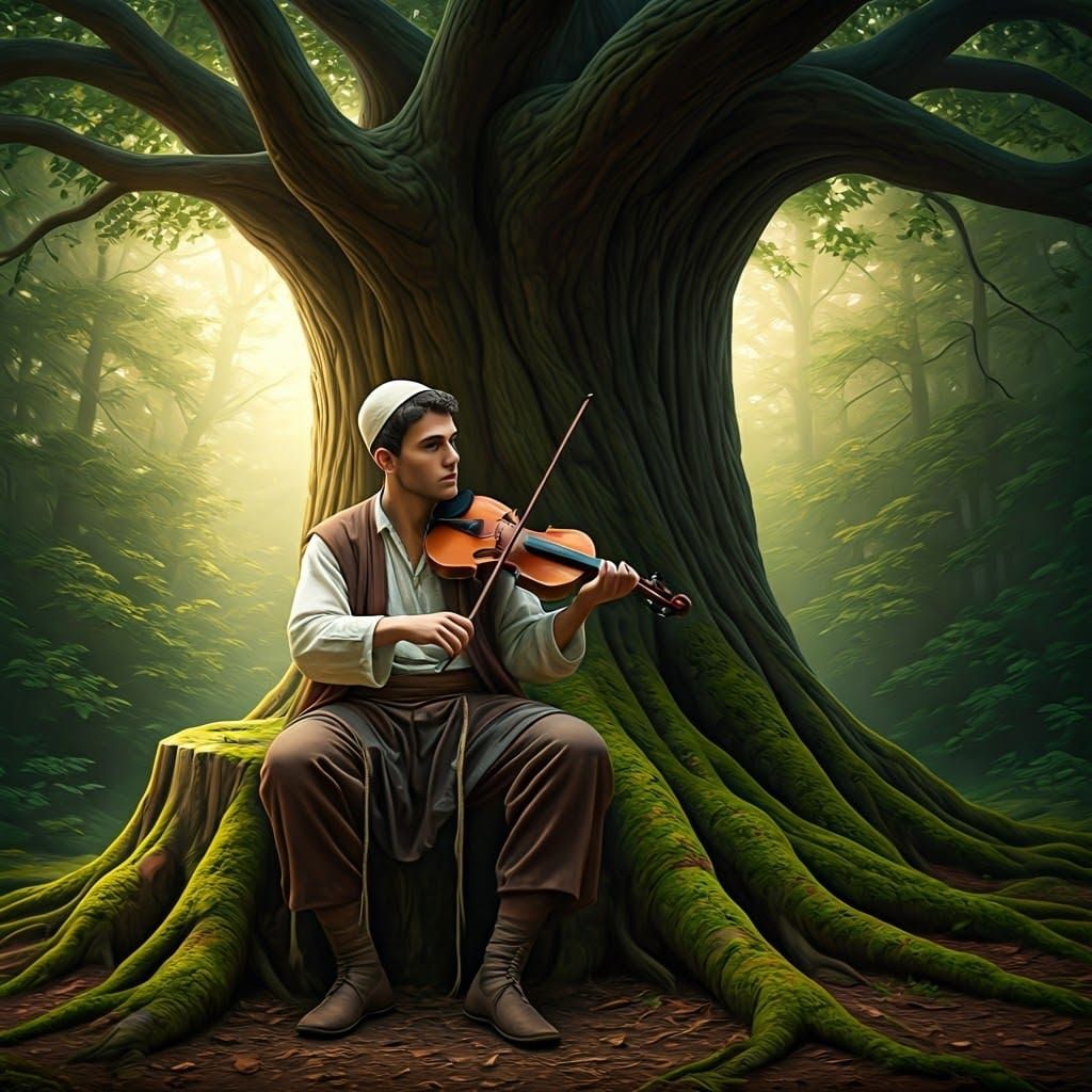 Young Talmudic Scholar Contemplates on Ancient Tree Stump in...