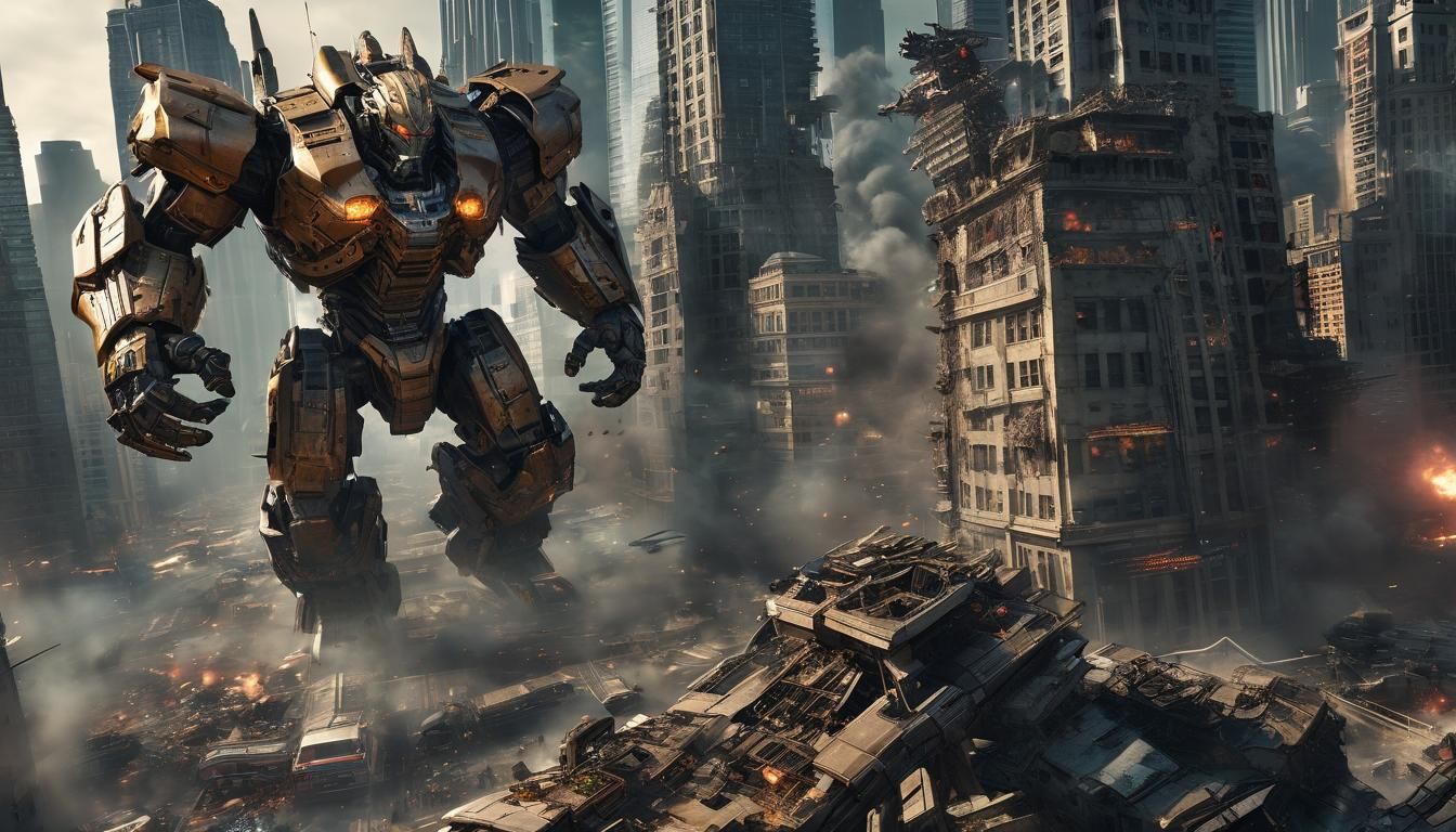 Epic Mechanical Warriors Clash in Burning Cityscape