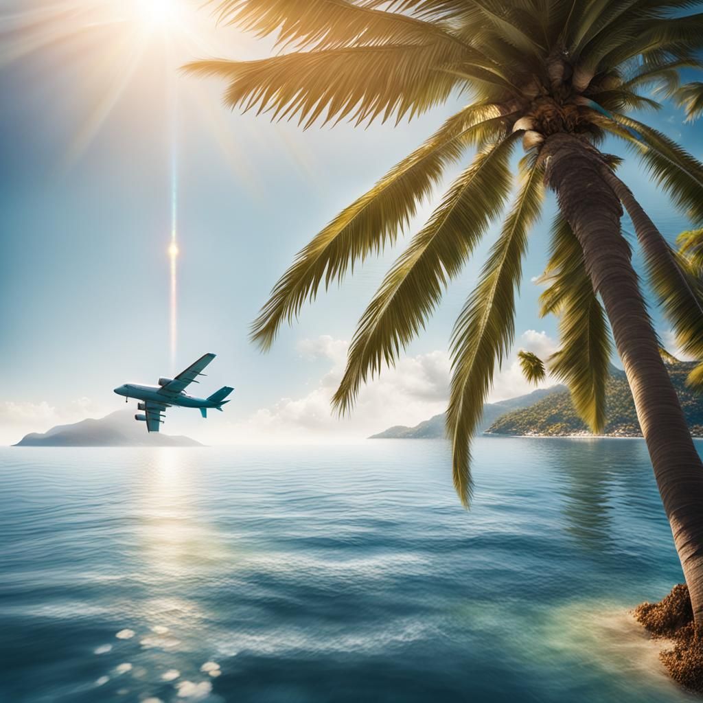 Tropical Palm Tree with Plane and Dolphin Photo