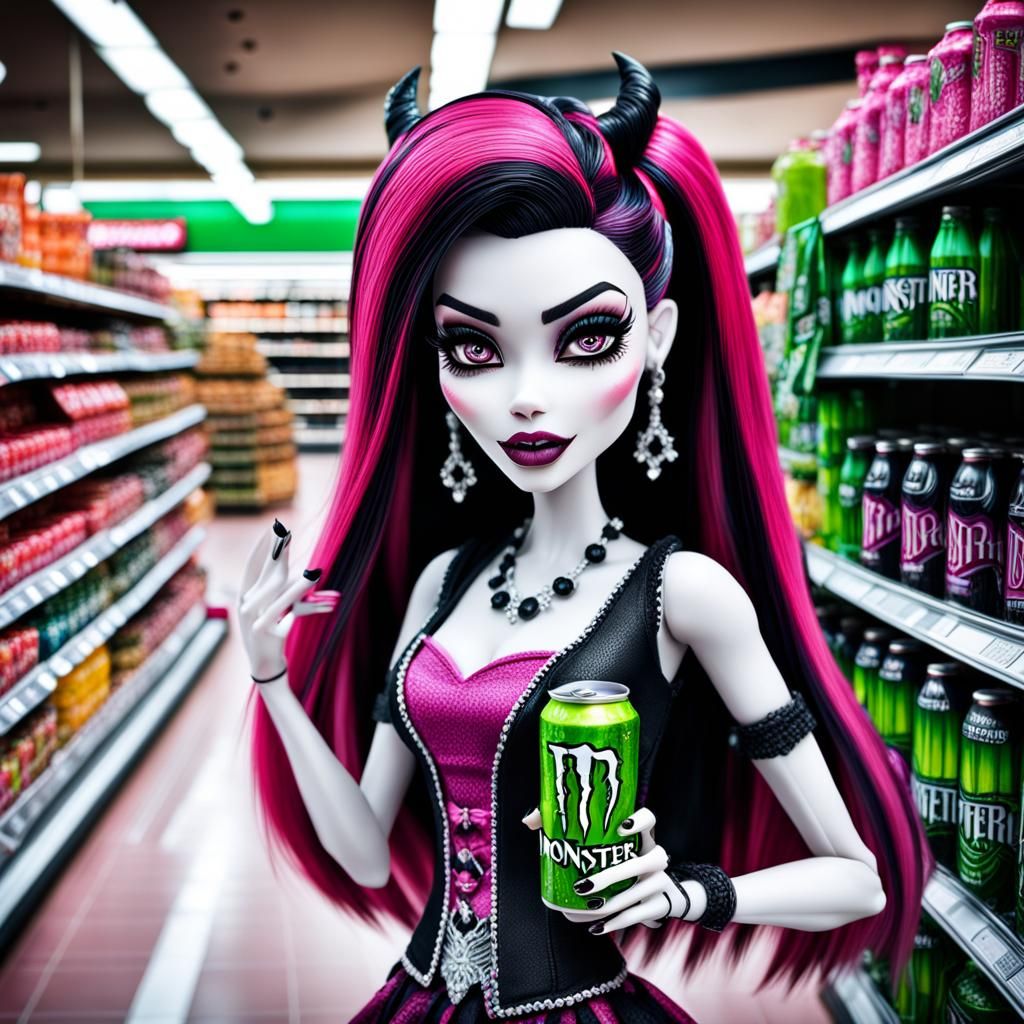 monster high draculaura holding a monster energy drink in a ...