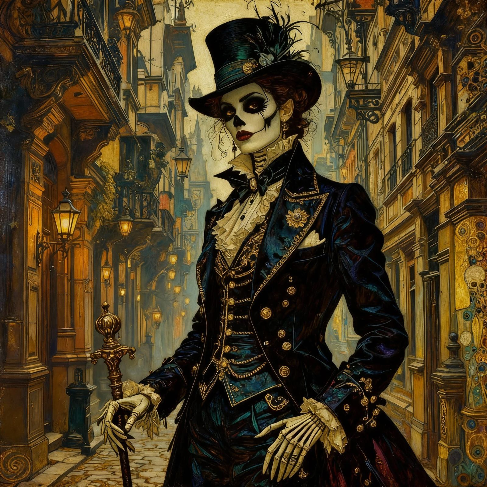 Skeletal Lady Death as Belle Époque Dandy in Rococo Oil Pain...