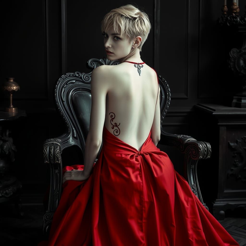 Elegant Woman in Red Dress, Black and White Portrait