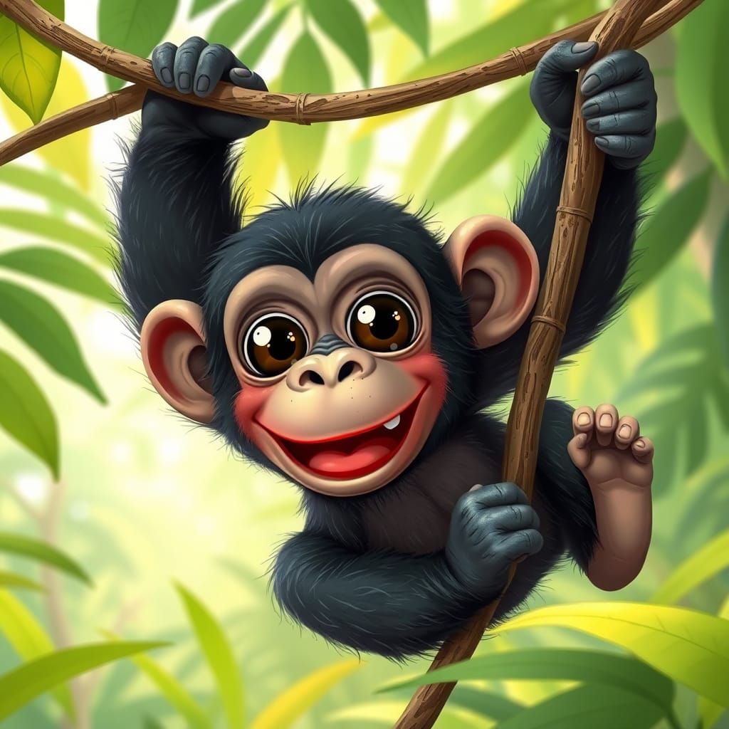 Grinning Chimpanzee Swings Through Jungle in Whimsical Style