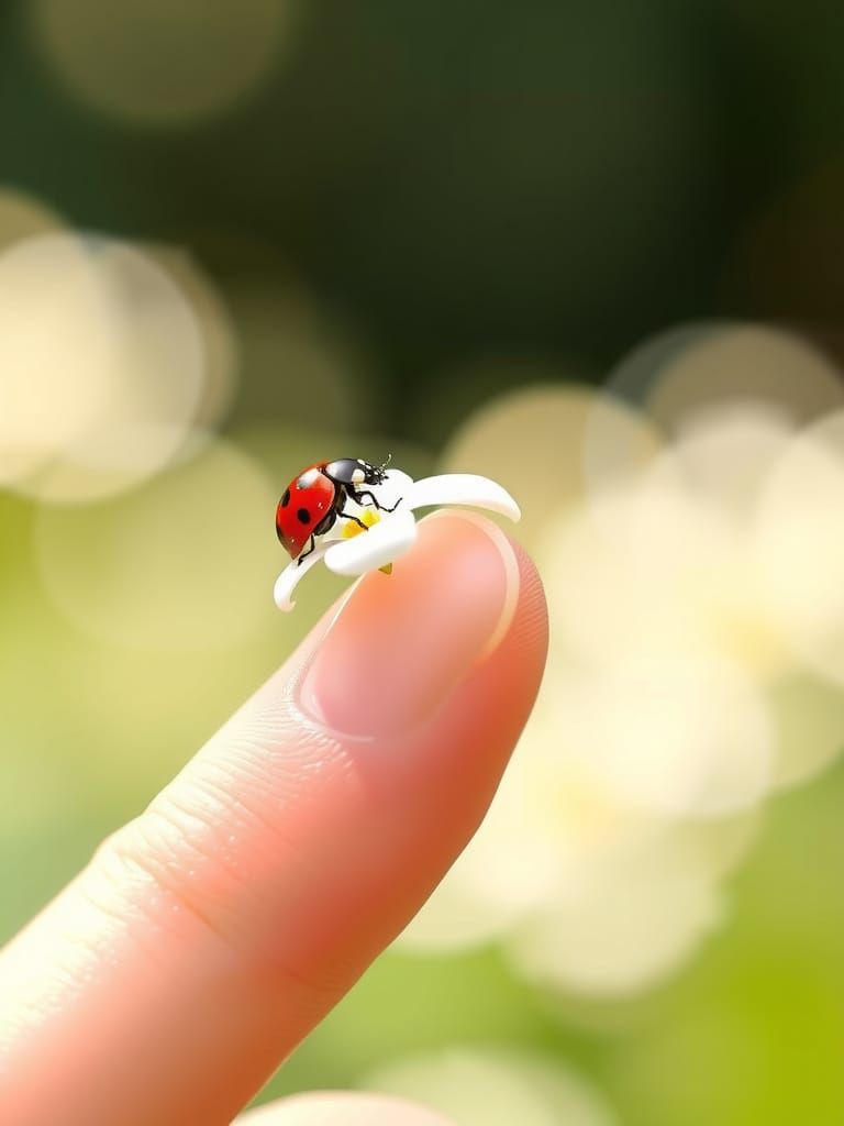 Delicate Floral Portrait with Ladybug in Impressionist Style