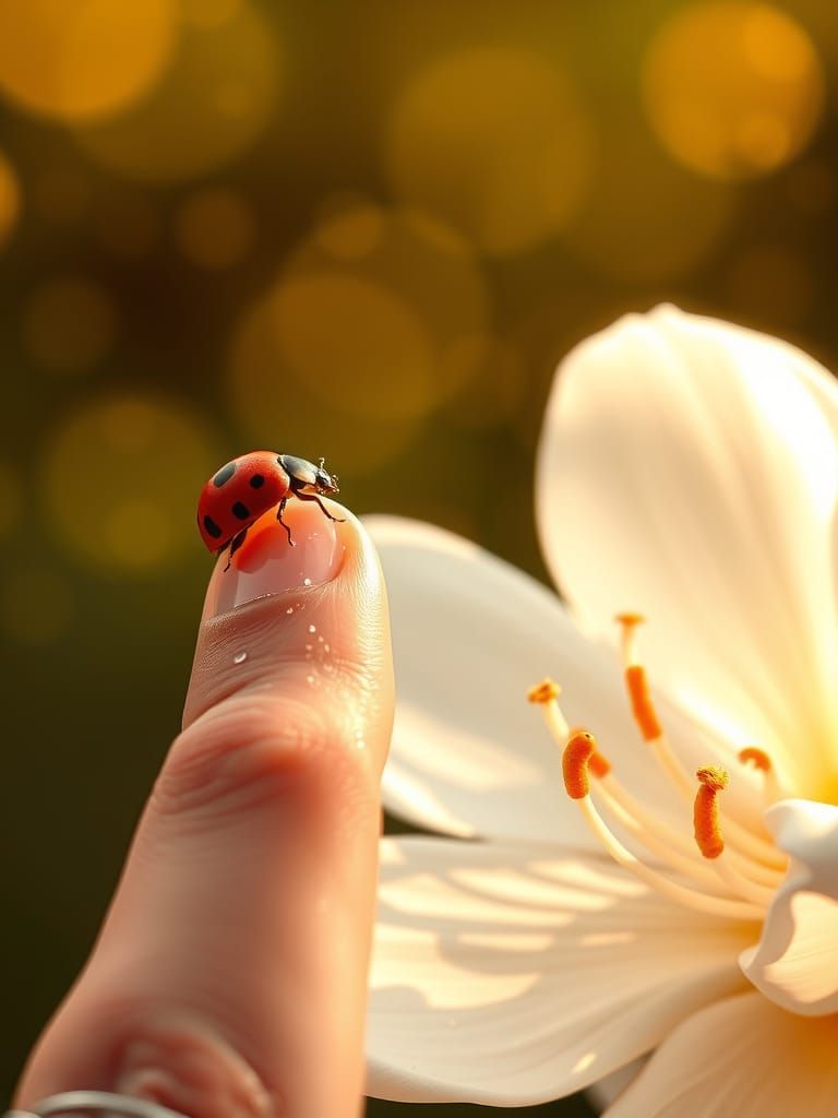 Ladybug Perched on a Finger Amidst a White Bloom