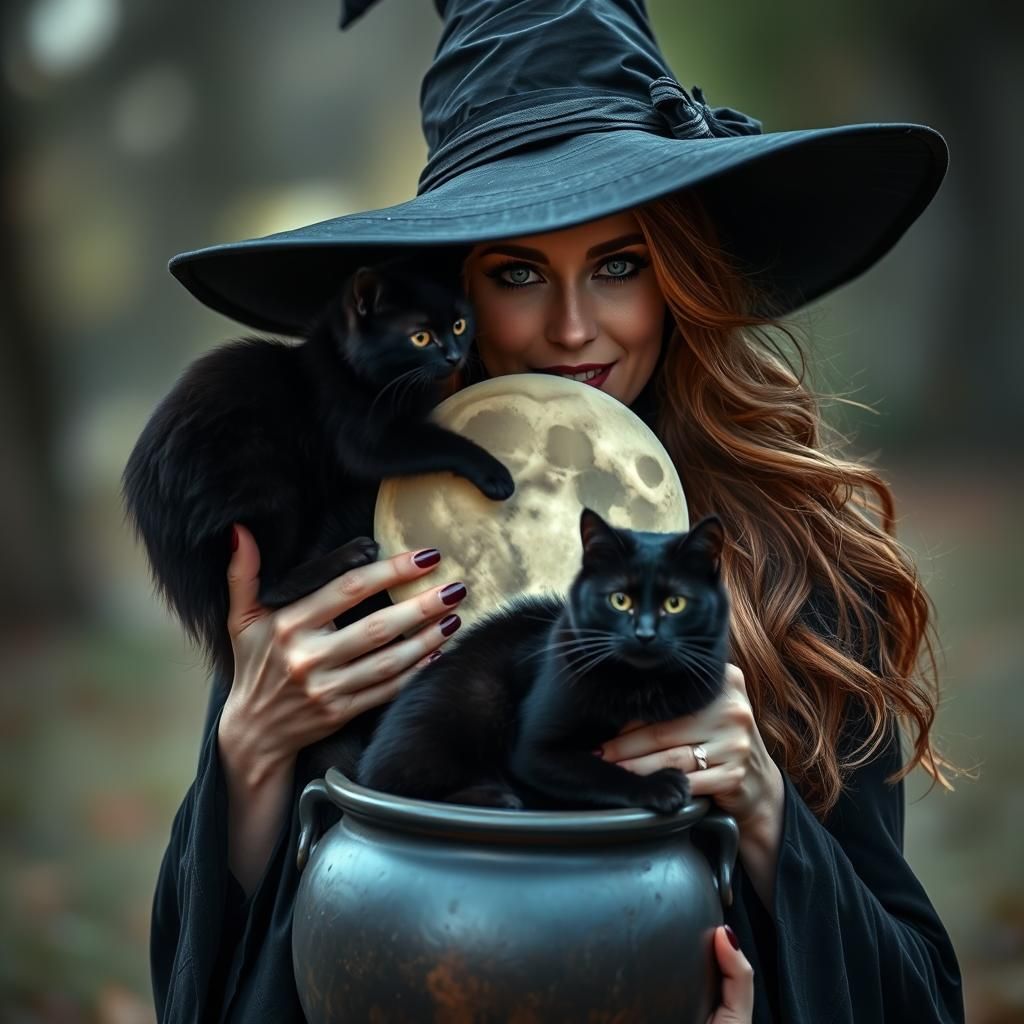 Enchanting Witch with Moon, Cat and Cauldron