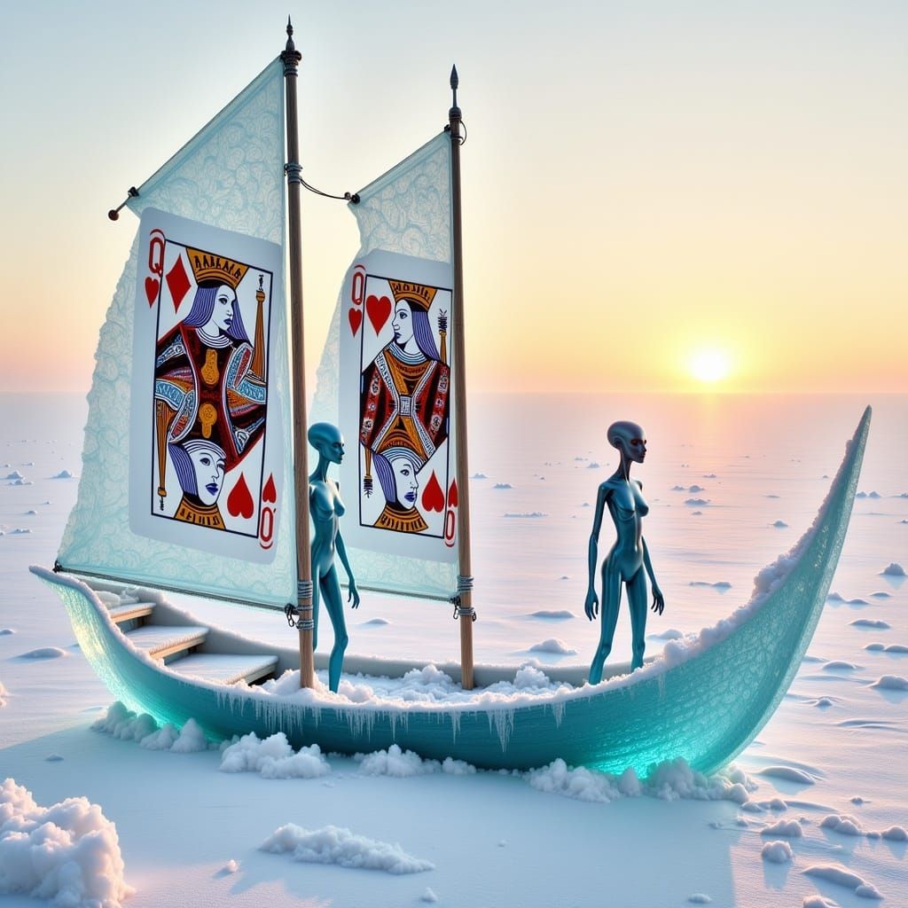 Alien Women on Ice Ship in Surreal Arctic Scene