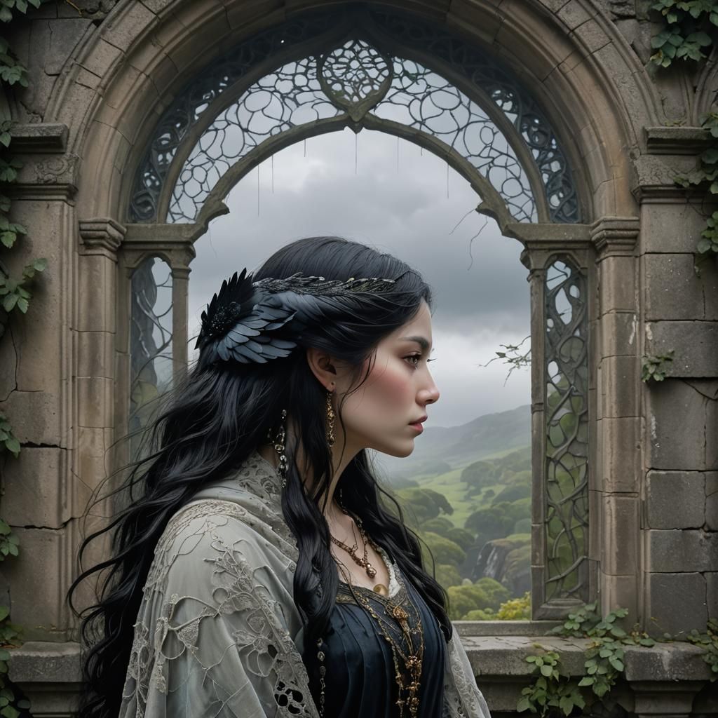 Mystical Woman Gazing at Rainy Forest