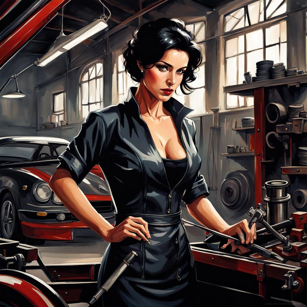 Gothic Beauty Working in Car Workshop as Ink Painting