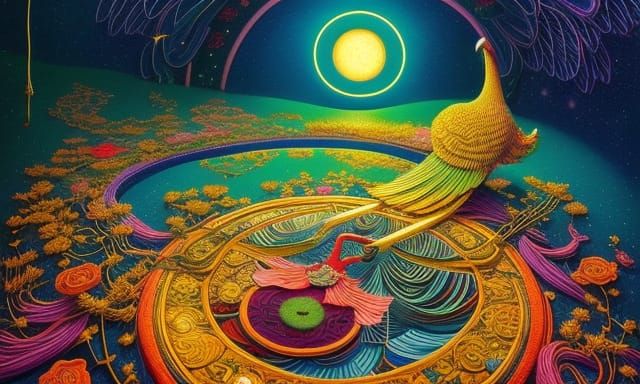 Bird-Woman in Surreal Neon Bed, Fairytale Art