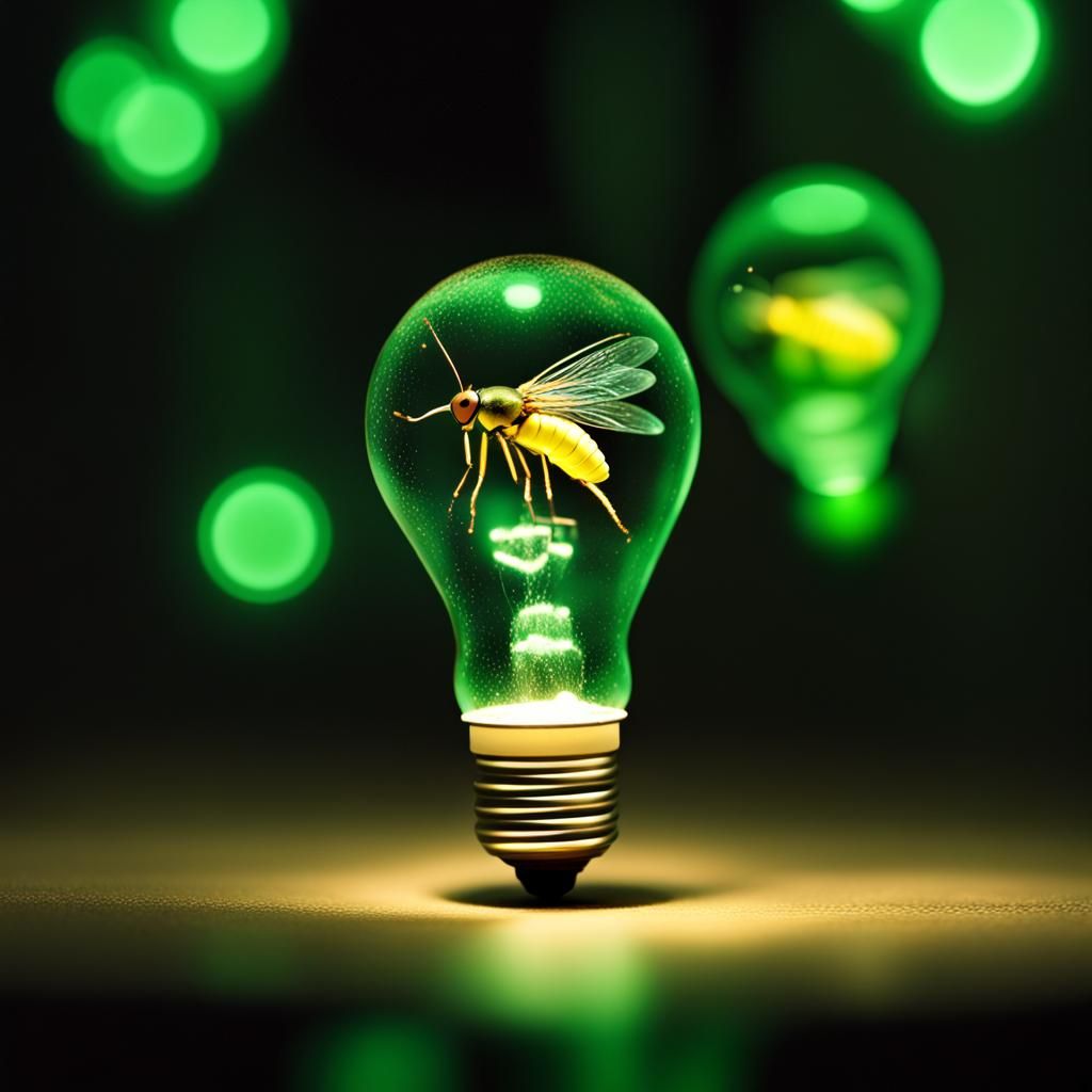 Firefly's Green Glow: Macro Photograph Inside Light Bulb