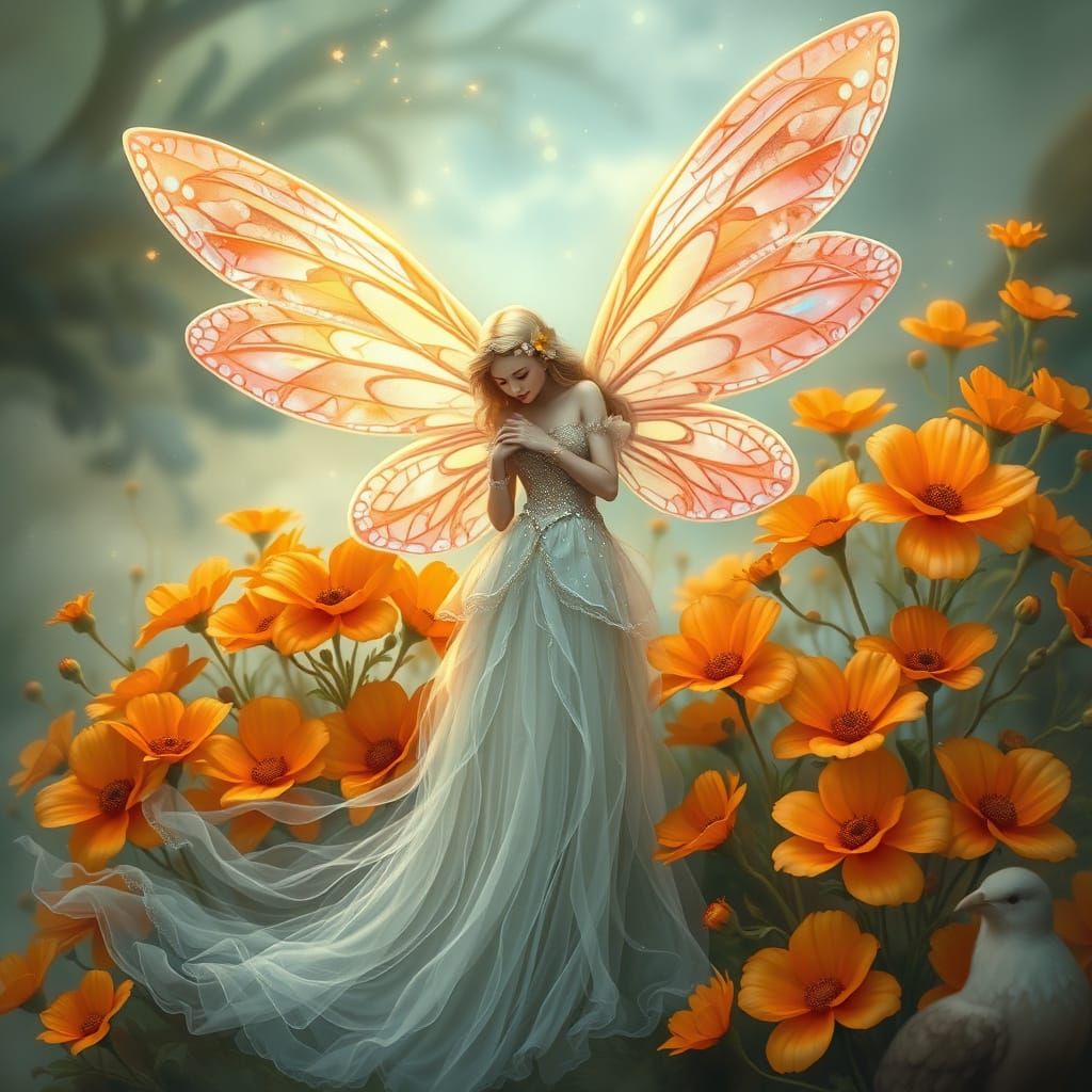 A fairy in a delicate gown stands amidst blooming orange flowers. She has large, intricate wings, evoking a magical, fai...