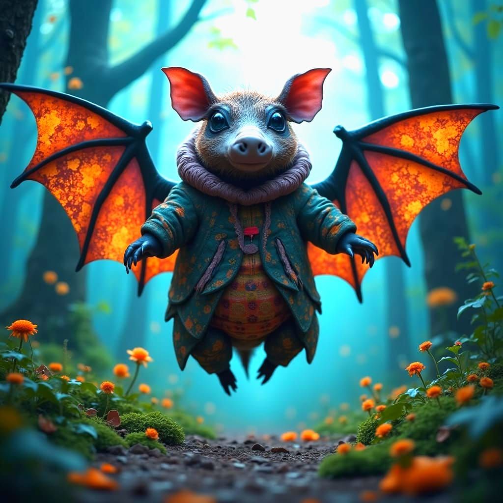 Surreal Warthog-Bat Hybrid Creature in Forest at Twilight