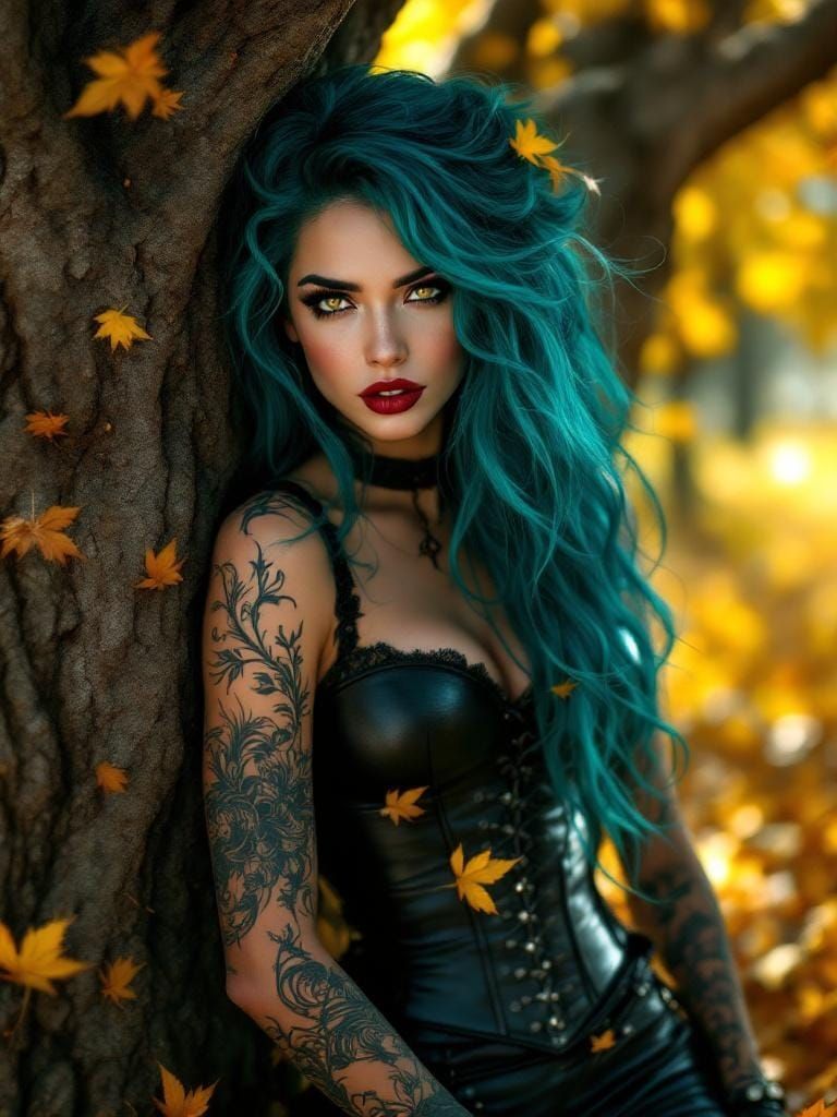 Enchanting Sorceress in Autumn Forest, Fantasy Realism