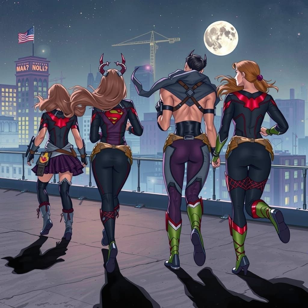 Heroines on Rooftop Pursuit in Hyperrealistic Nighttime Scen...