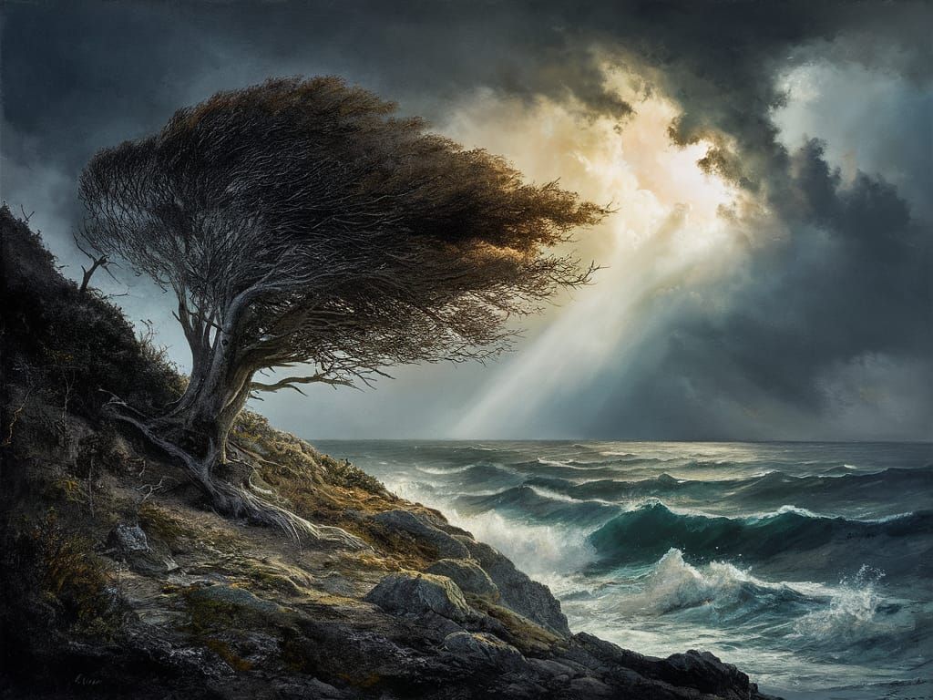 Windswept Tree Overlooking Stormy Sea in Romantic Style