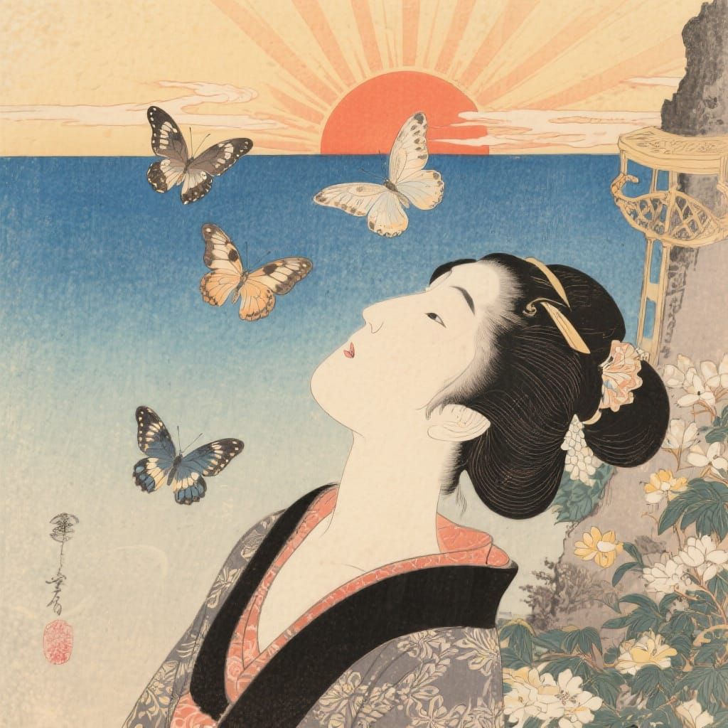 Ukiyo-e Image of Sunrise and Butterflies