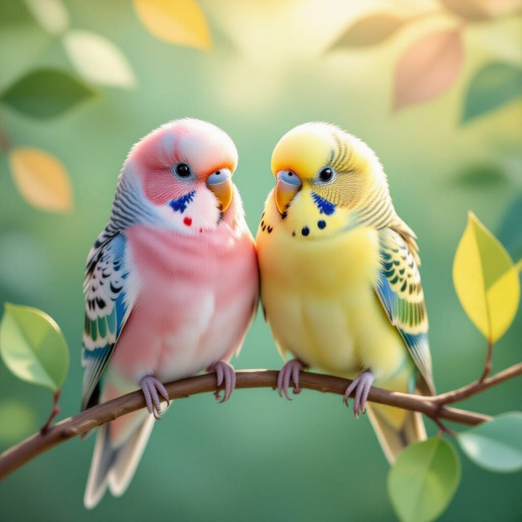 Pastel Budgies on Branch in Photorealistic Style