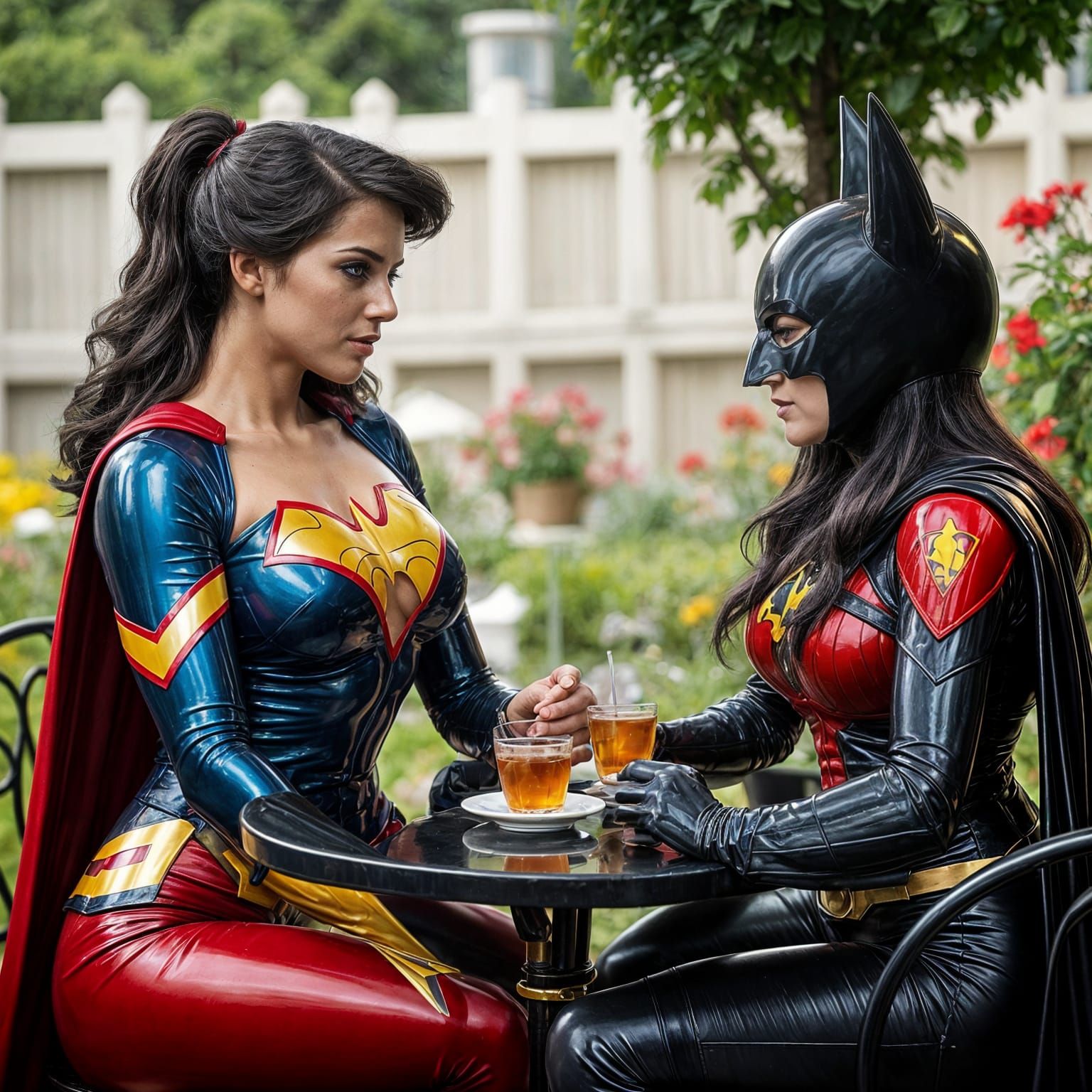 Superwoman and Batgirl Have Tea in the Garden