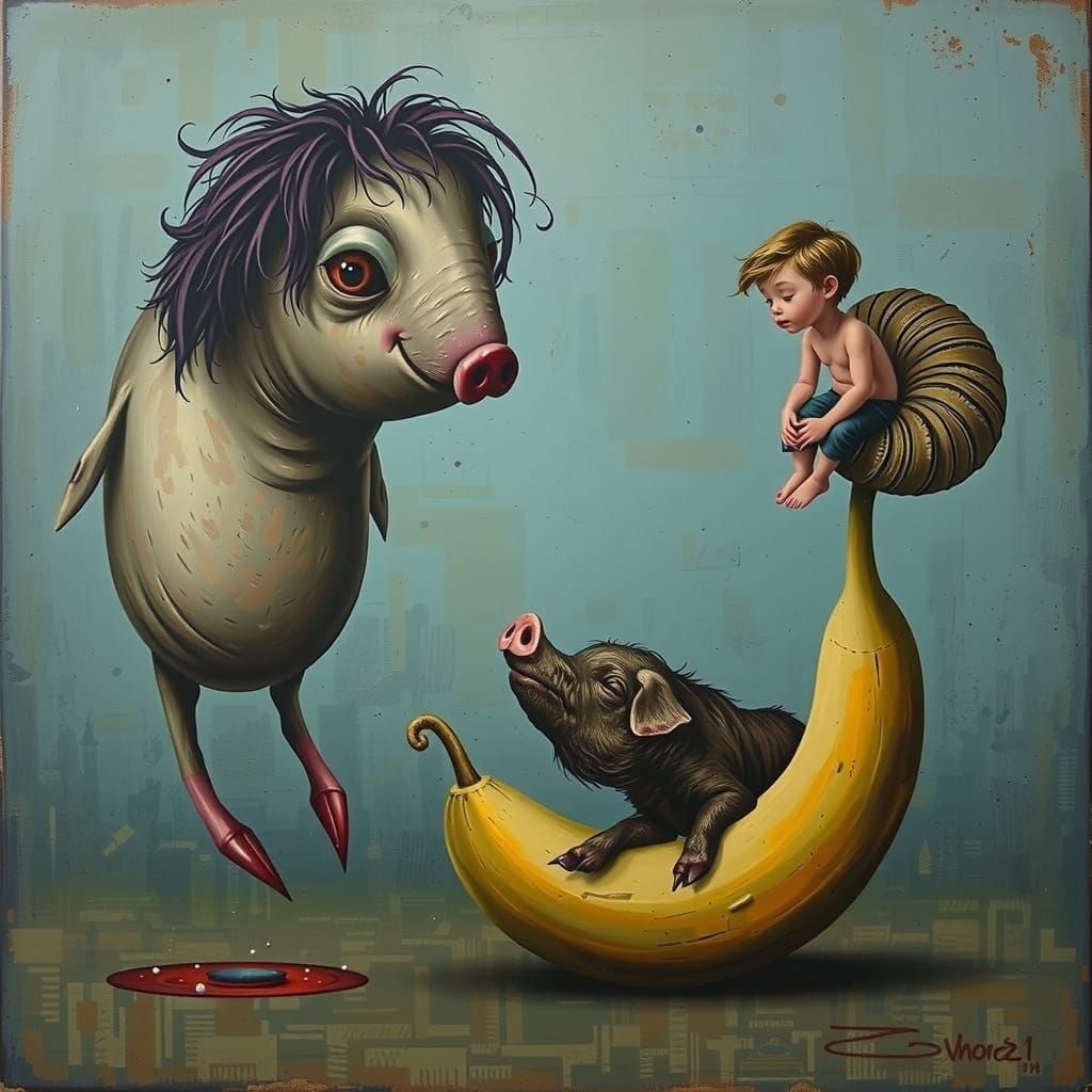 Impasto Painting of a Whale and Pig in a Serene Abstract Lan...