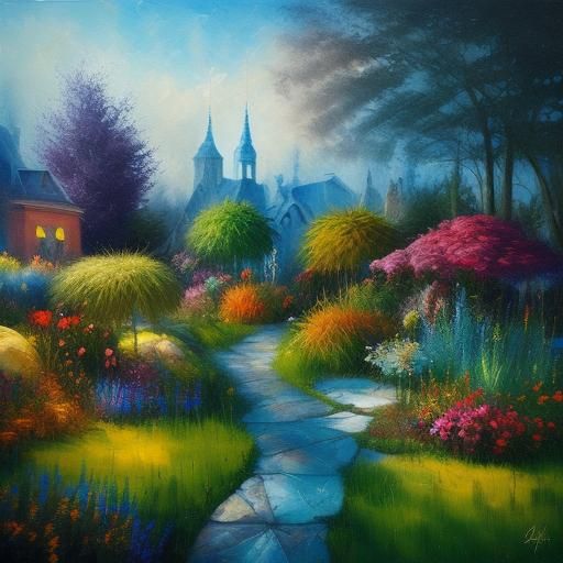 Giant Pickle in Surreal Garden as Impasto Painting