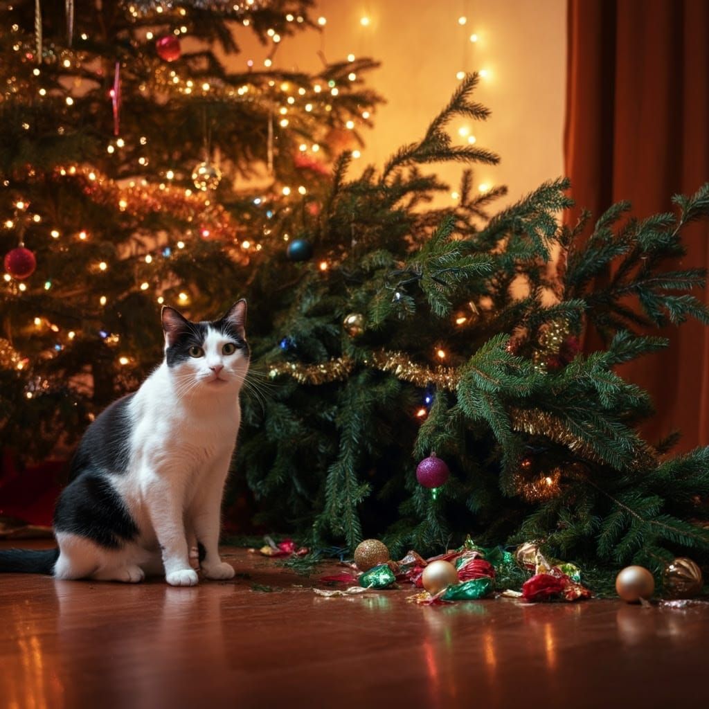 Christmas Tree Overturned by Regal Feline