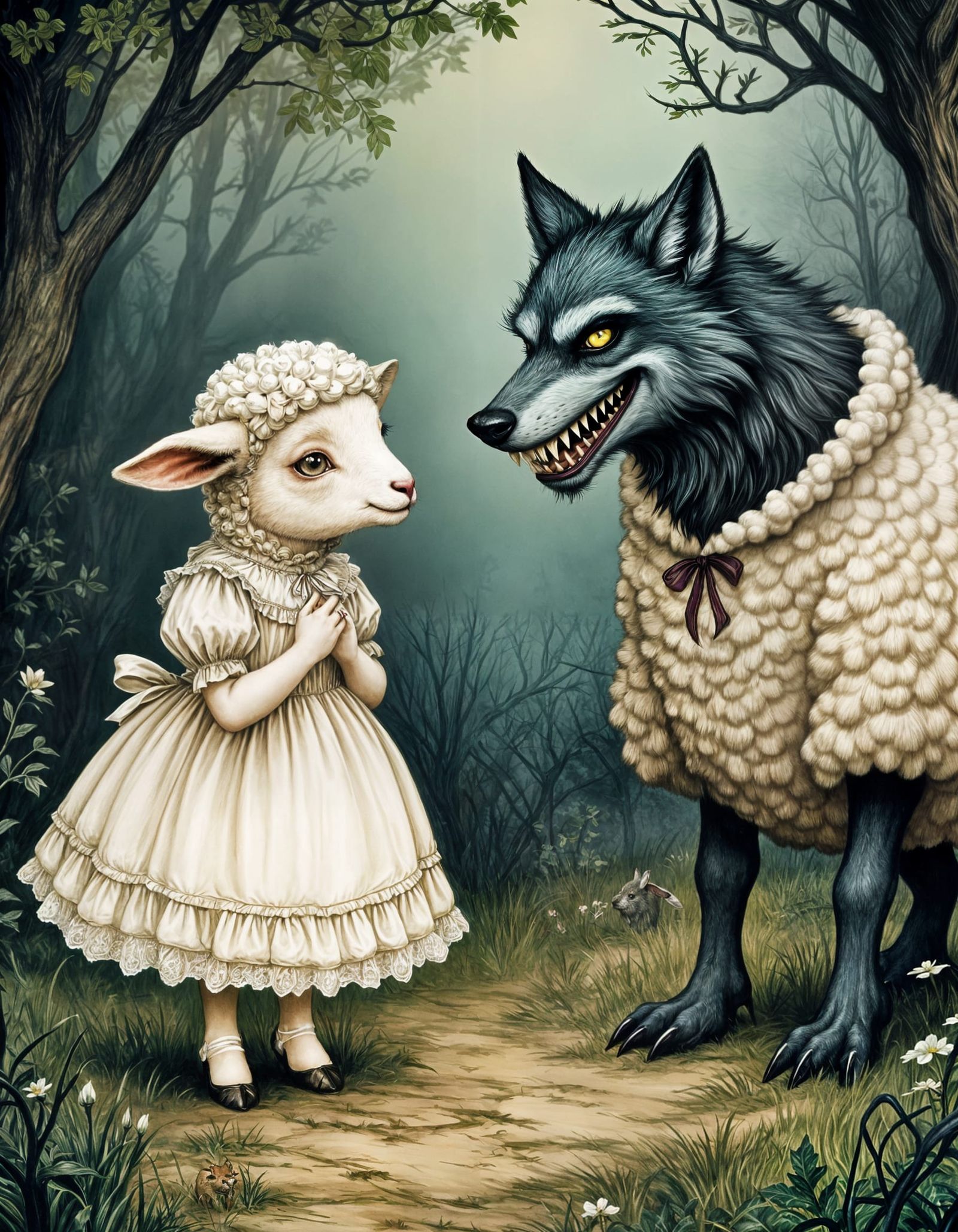 Scared Lamb Meets Sinister Wolf: Alice in Wonderland Illustr...