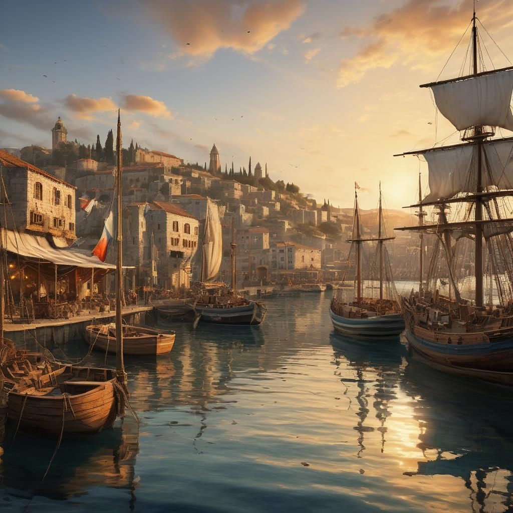 Bustling Medieval Port at Sunset as Impressionist Oil Painti...