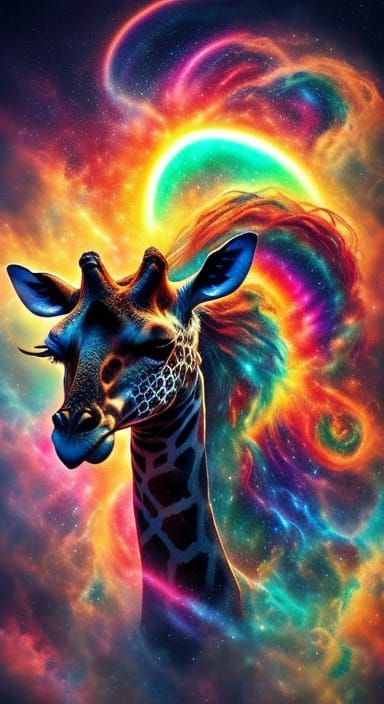 Surreal Giraffe Rises From Golden Clouds in Cosmic Night Sky