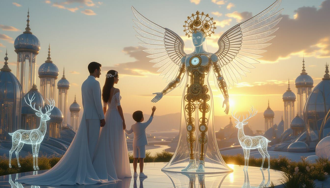 Glass Family in Crystalline Utopia at Golden Hour