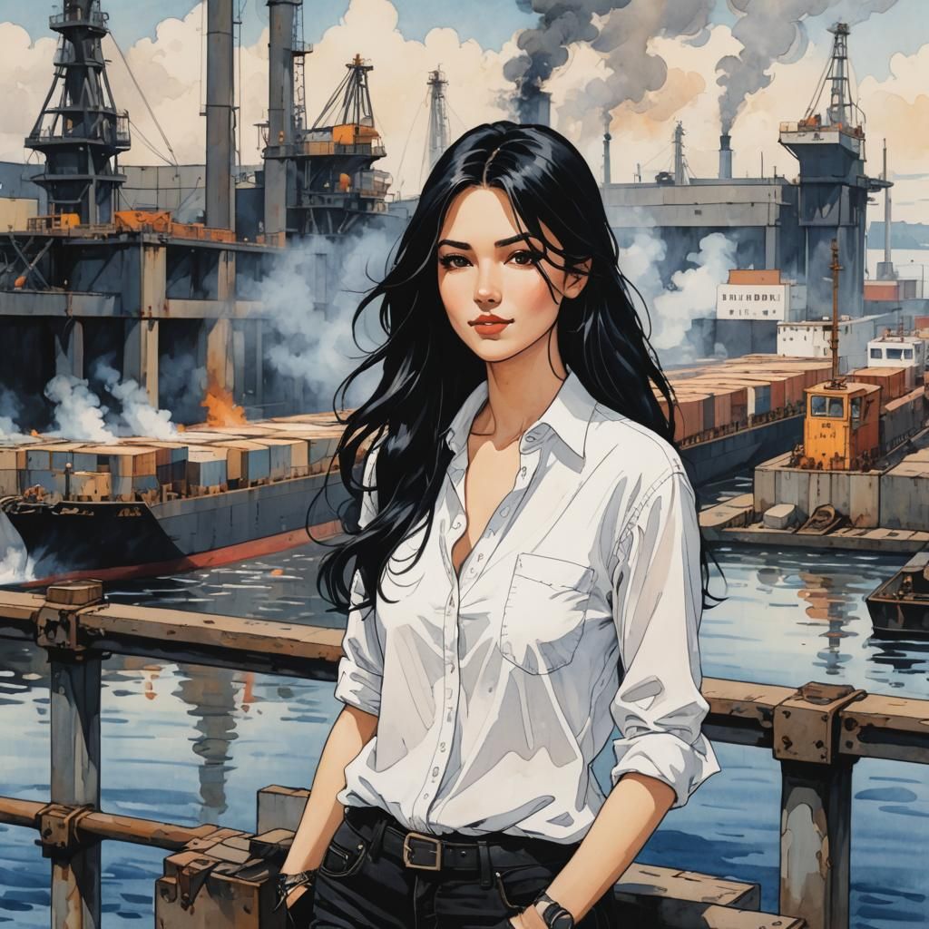 Woman on Industrial Quay, Anime Comic Style