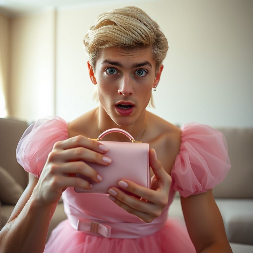 Chiseled Man Surprised in Pastel Pink Prom Dress