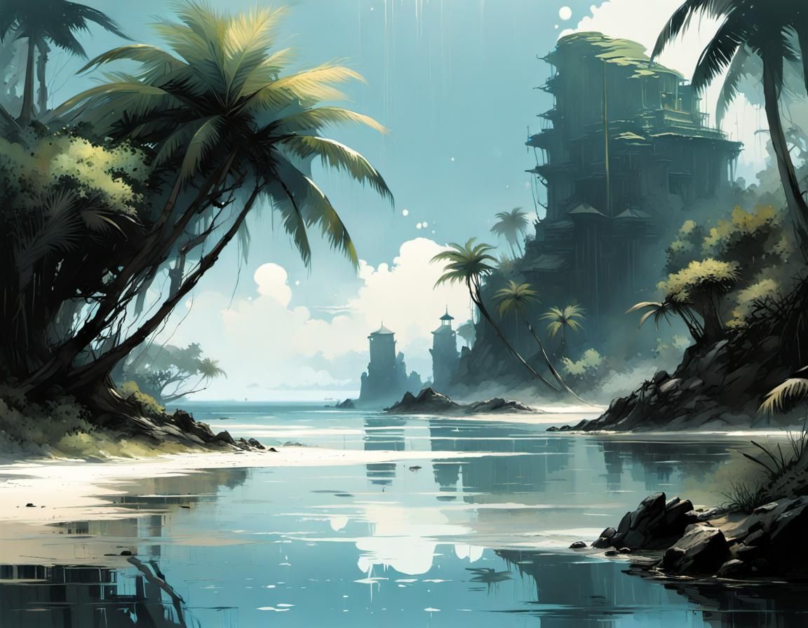 Tropical Island Oasis Digital Illustration