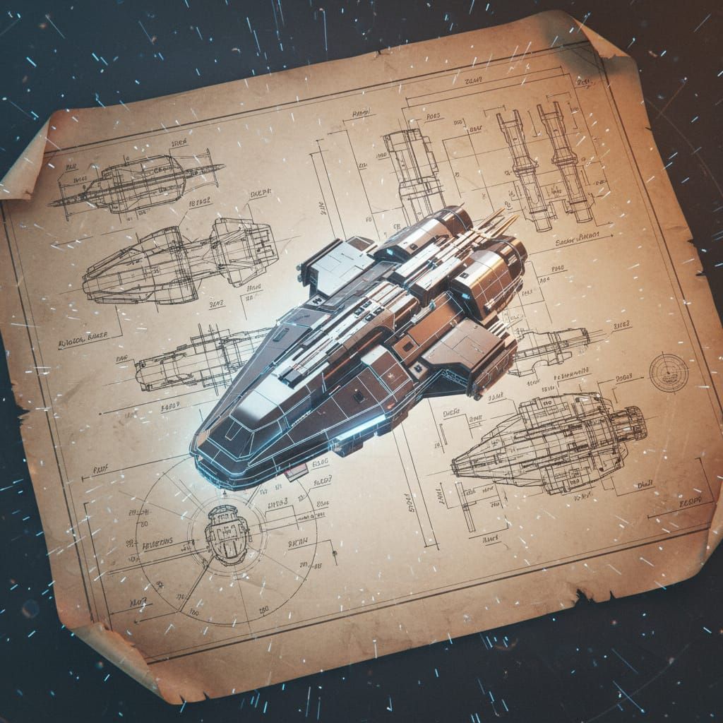 Realistic 3D Spaceship Navigates Parchment Blueprint