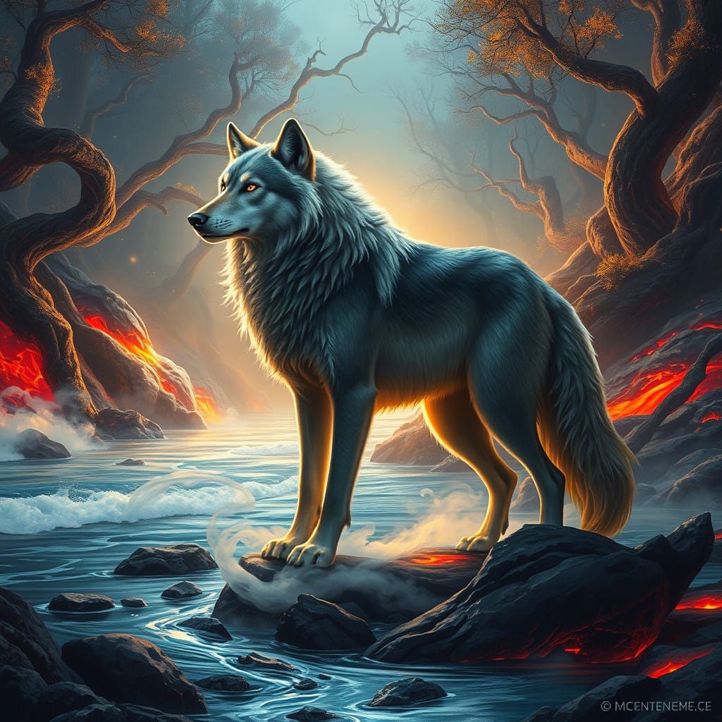 Mystical Wolf Confronts Elemental Forces in a Magical, Prime...