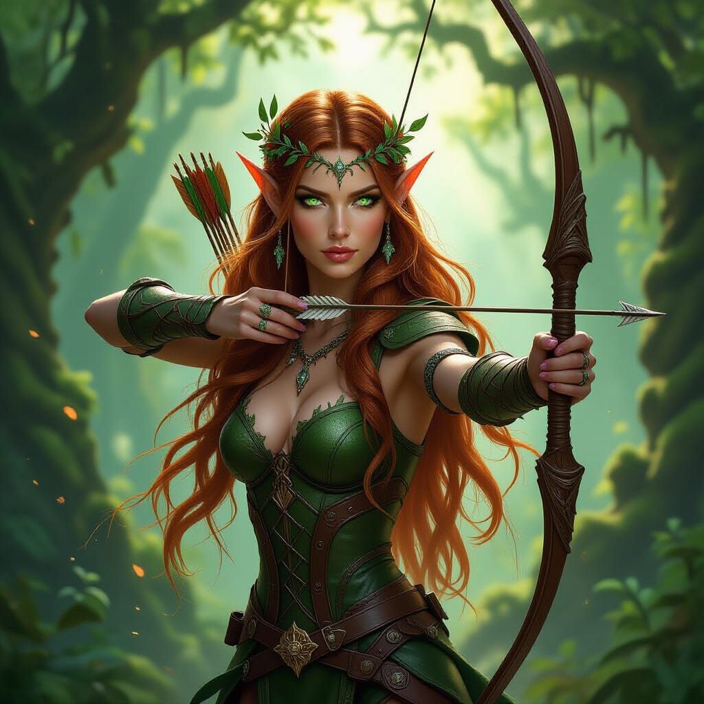 Alluring Wood Elf Archer in Sun-Dappled Forest