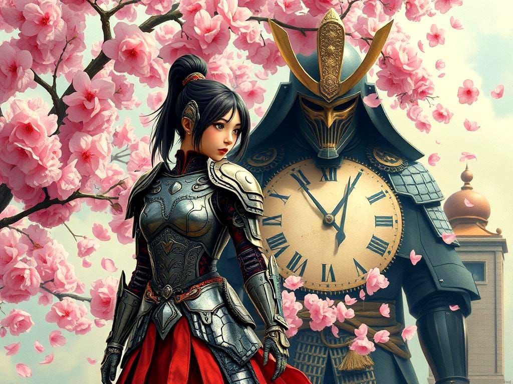 Futuristic Girl Battles Samurai in Surrealist Style