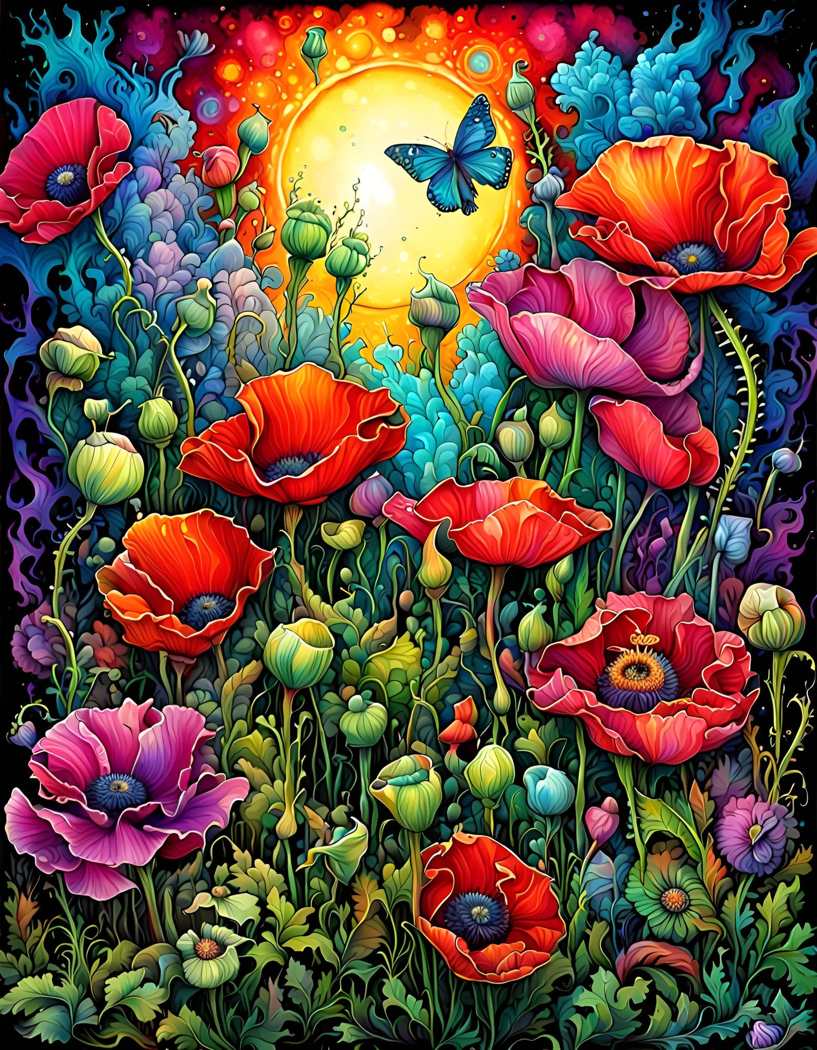 Psychedelic Poppies in Fantastic Realism Style
