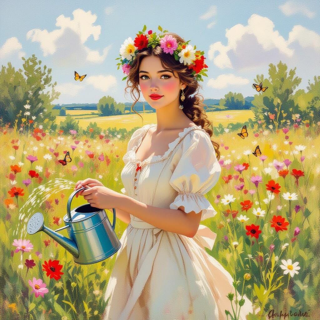 Impressionist Woman in Wildflower Meadow with Butterflies