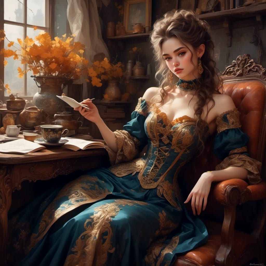 Victorian Woman Lounging in Library with Coffee