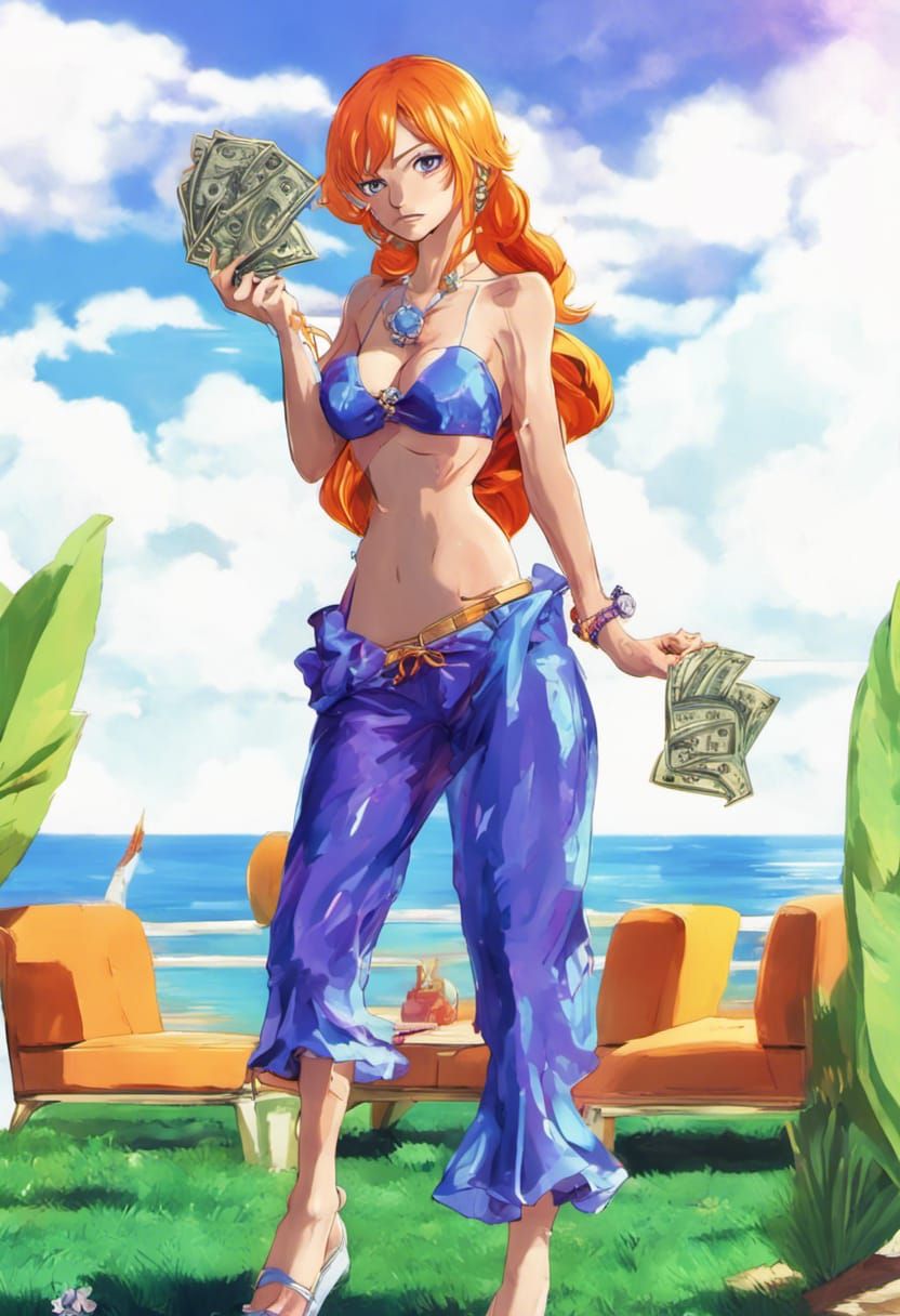 Nami from One Piece with Treasure in Synth-Wave Style