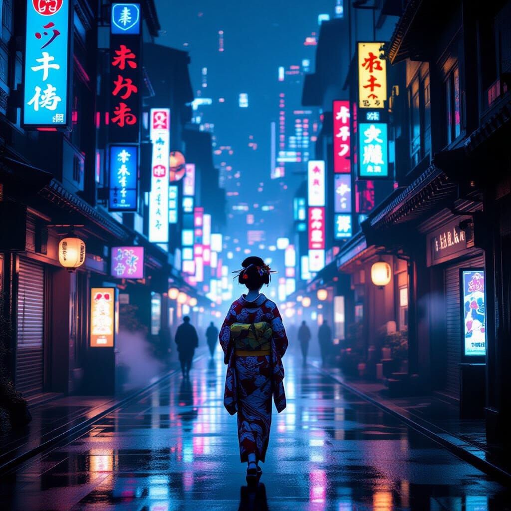 Geisha Walks Neon Streets in Cyberpunk Film Still